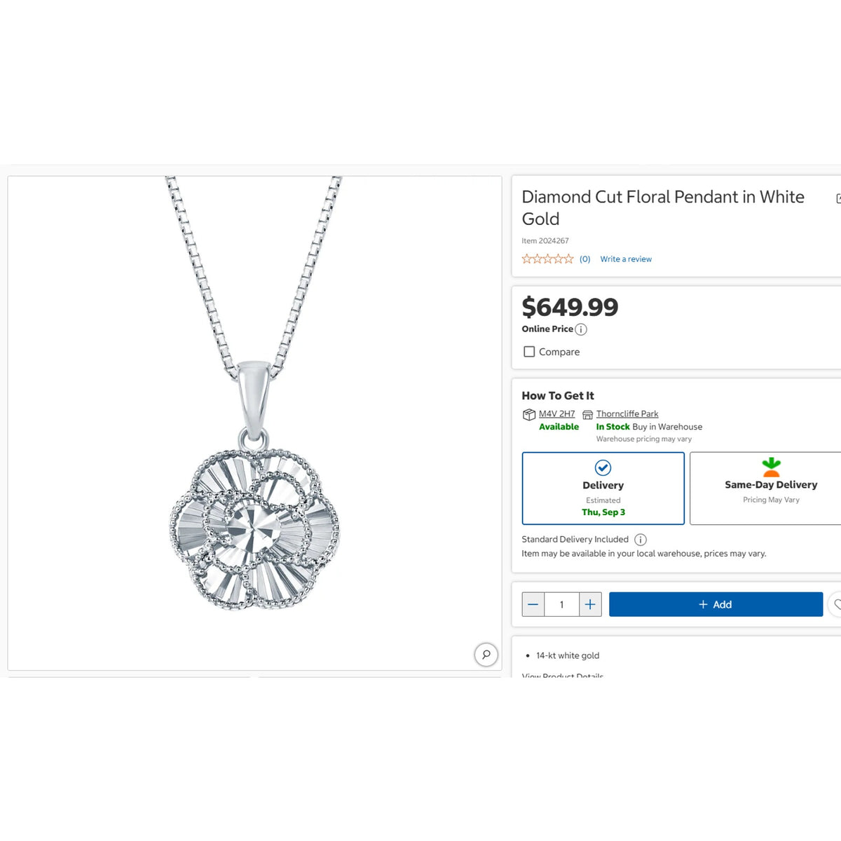 White Gold Diamond Cut Floral Pendant from Costco 14 Karat