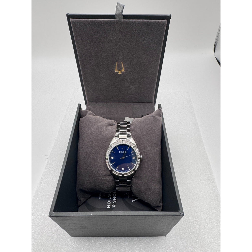 Bulova 96R243 (MSRP $595) Blue Dial Diamonds Stainless Ladies Watch