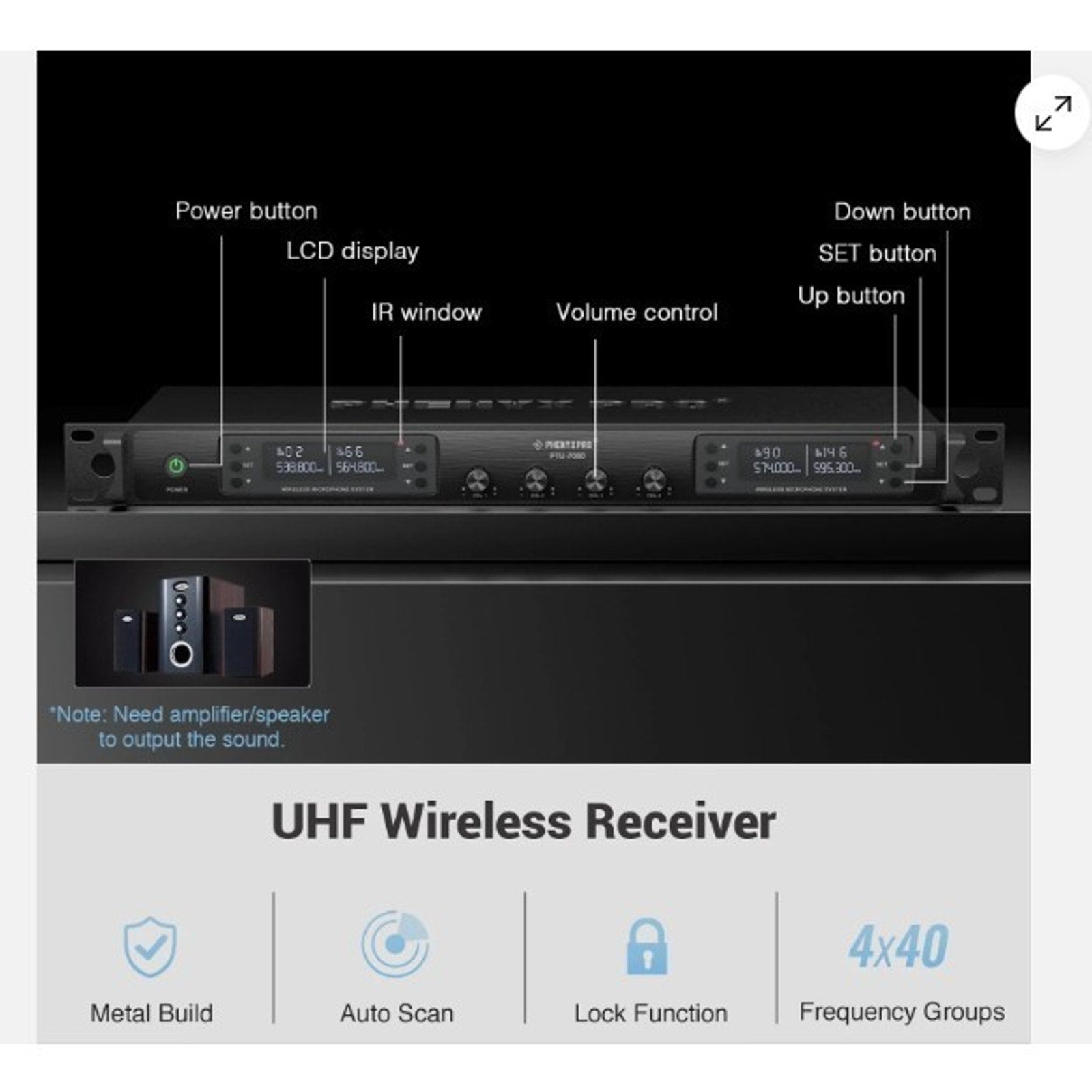 Phenyx Pro 4-Channel Wireless Microphone System w/Auto PTU-7000-2H2B, Black