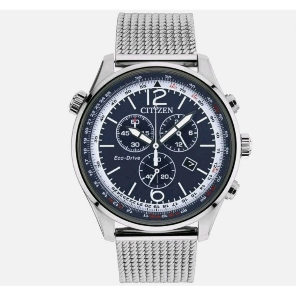 Citizen AT0361-81L Eco-Drive 43mm Blue Dial Chronograph SS Mesh Band Men's Watch