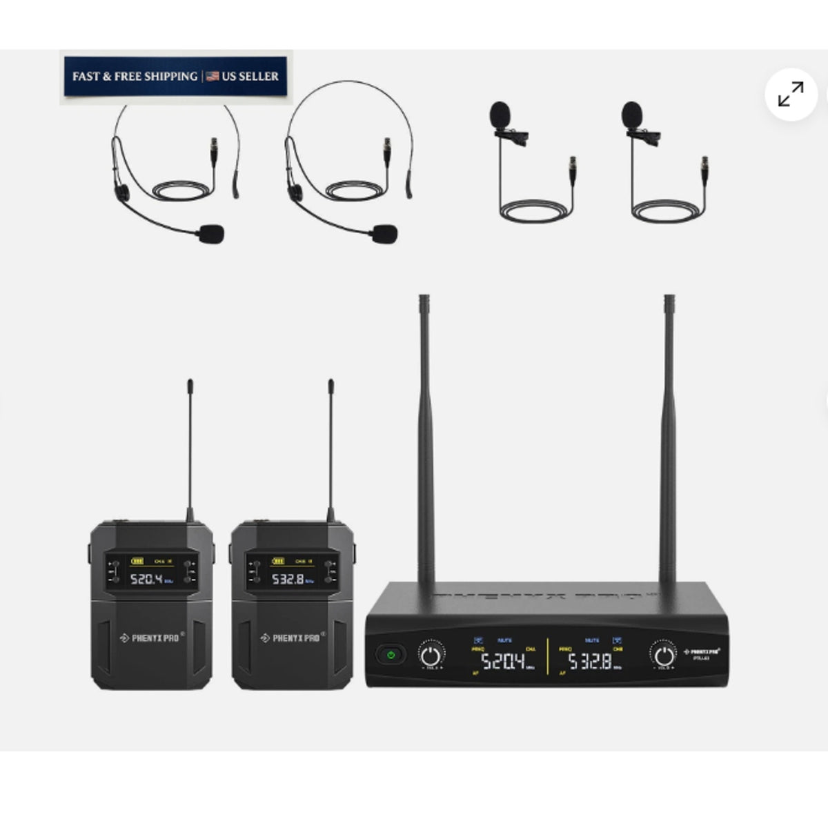 Phenyx Pro UHF Wireless Microphone System w/ 2x30 Tunable Frequencies, Black