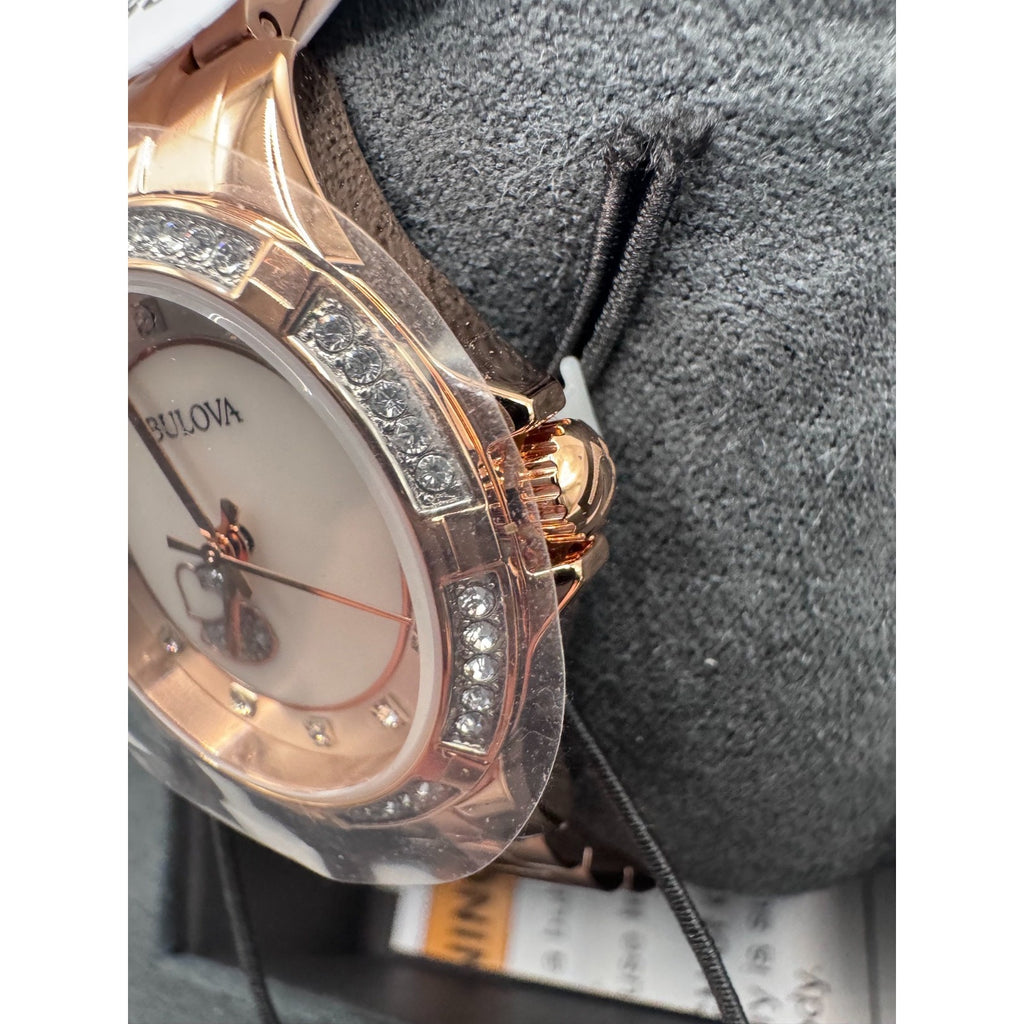 BULOVA WOMENS $425 ROSE GOLD MOP DIAL CRYSTAL ACCENT HEARTS 30MM WATCH 98L303