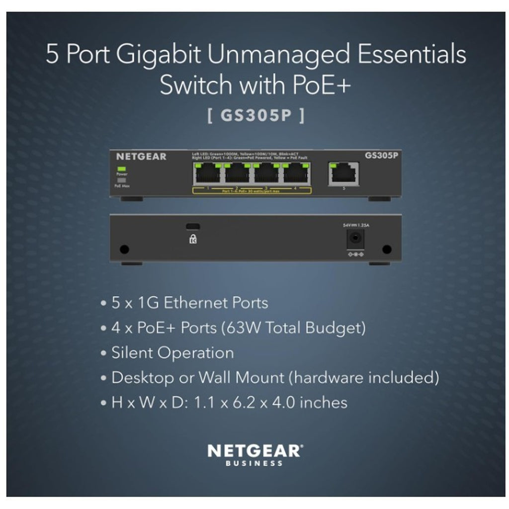 NETGEAR 5-Port Unmanaged PoE Switch GS305P Black - NEW
