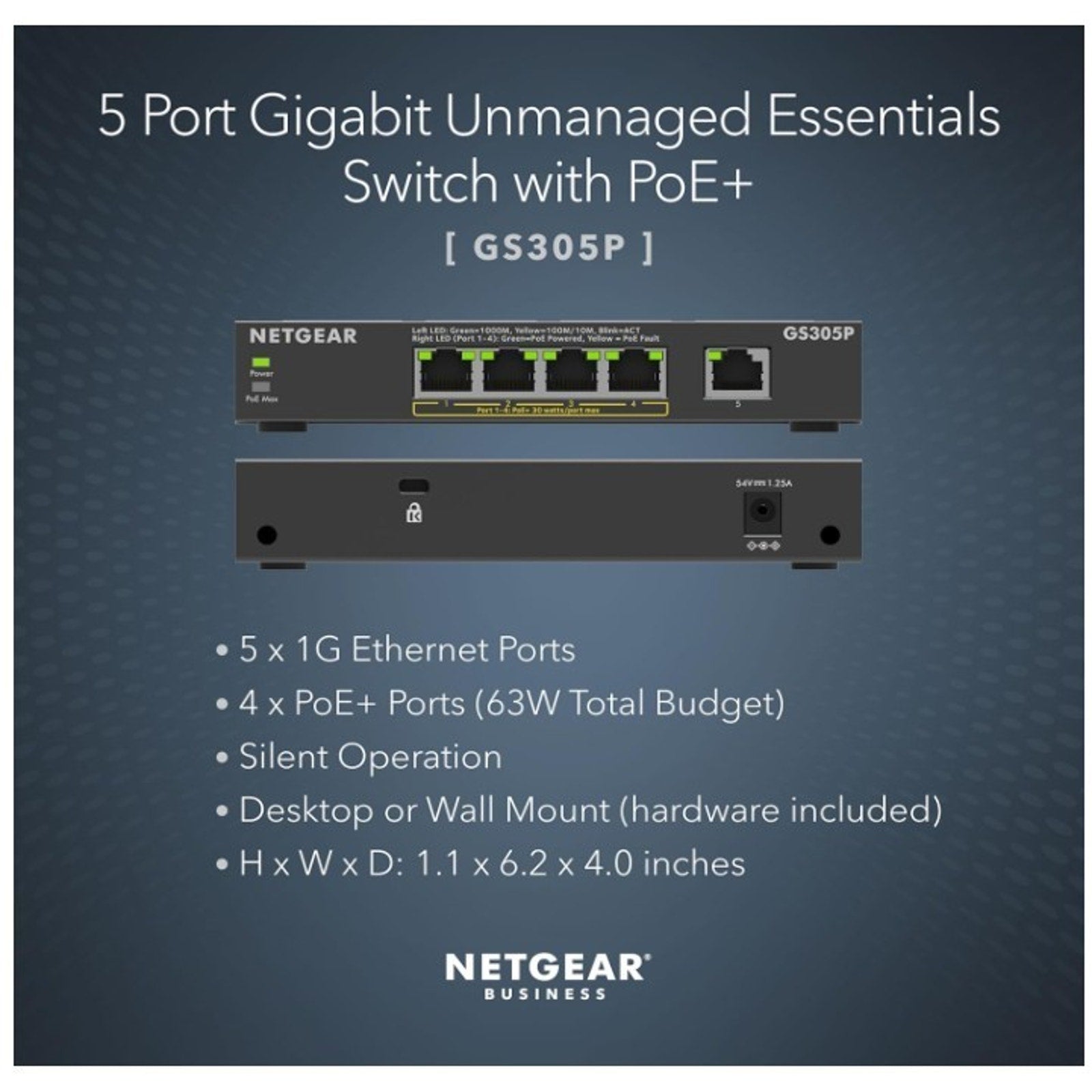 NETGEAR 5-Port Unmanaged PoE Switch GS305P Black - NEW