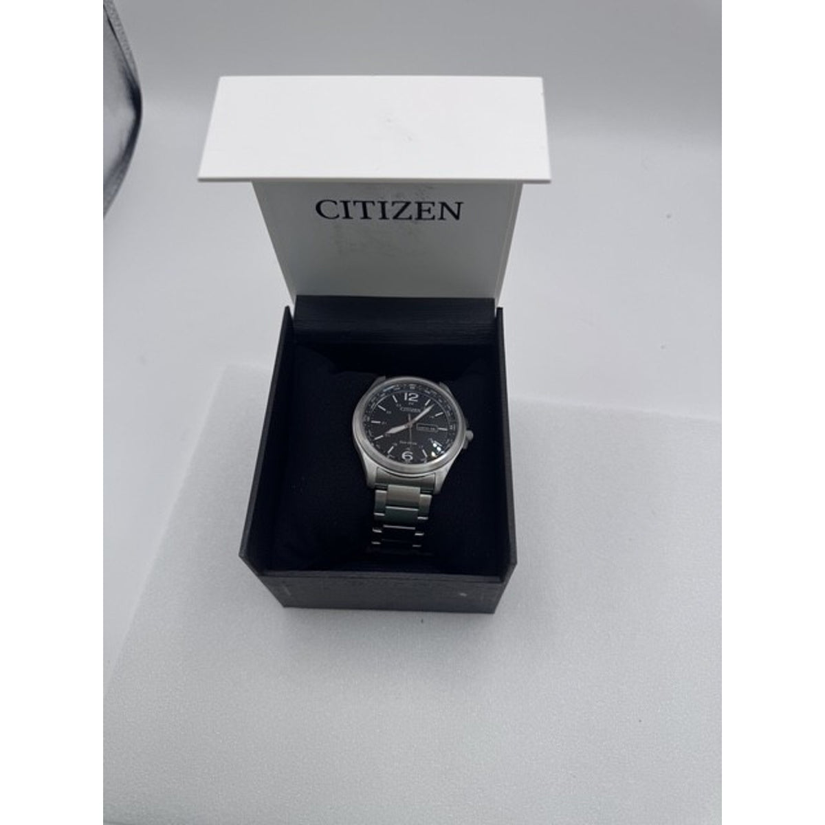Citizen Men's Watch Eco Drive Black Dial Day Date Silver Steel 44mm AW0110-58E