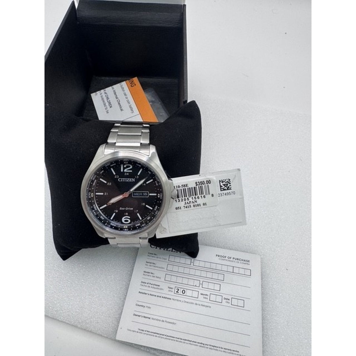 Citizen Men's Watch Eco Drive Black Dial Day Date Silver Steel 44mm AW0110-58E