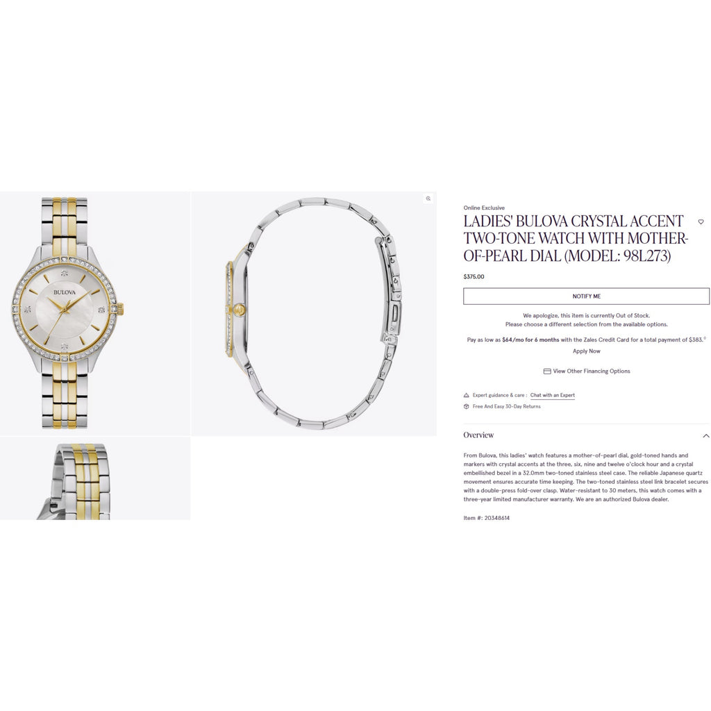 Bulova Women's Quartz Crystal Accent Two-Tone 32mm Watch 98L273 $375 RETAIL