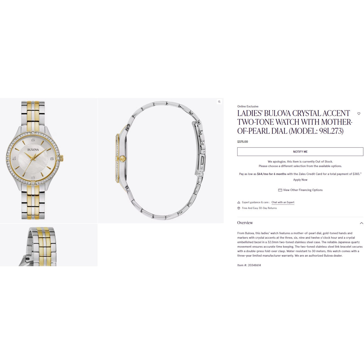 Bulova Women's Quartz Crystal Accent Two-Tone 32mm Watch 98L273 $375 RETAIL