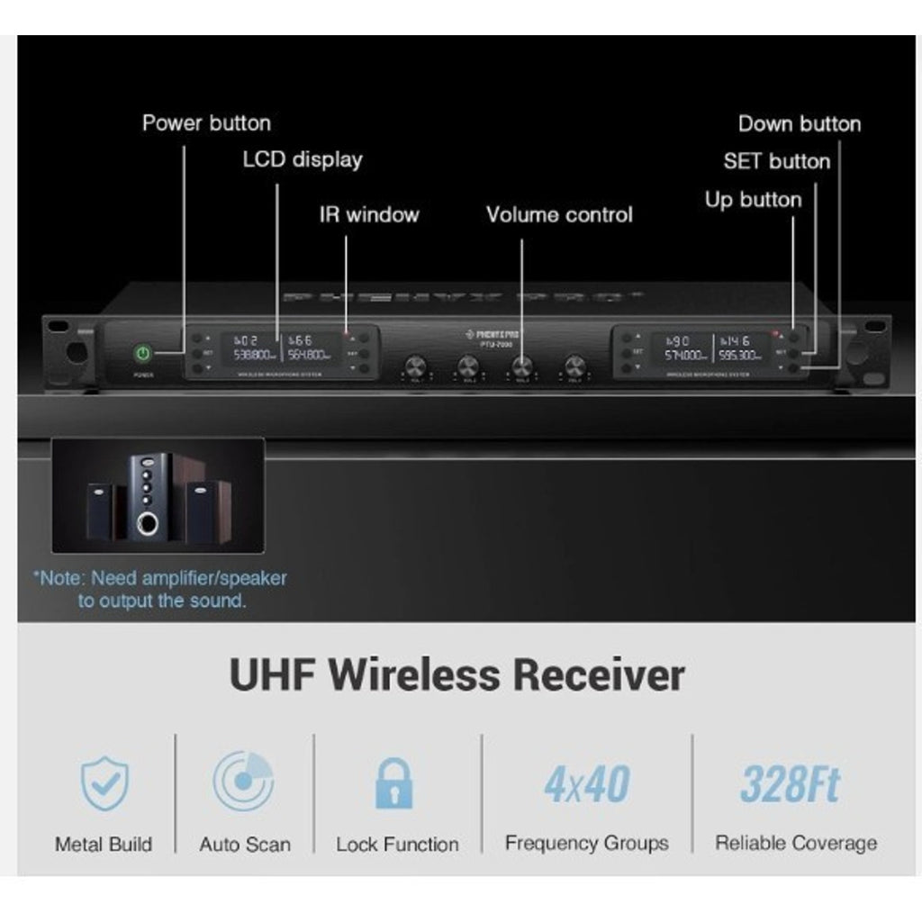 Phenyx Pro 4-Channel Wireless Microphone System, UHF Auto Scan PTU-7000-4B