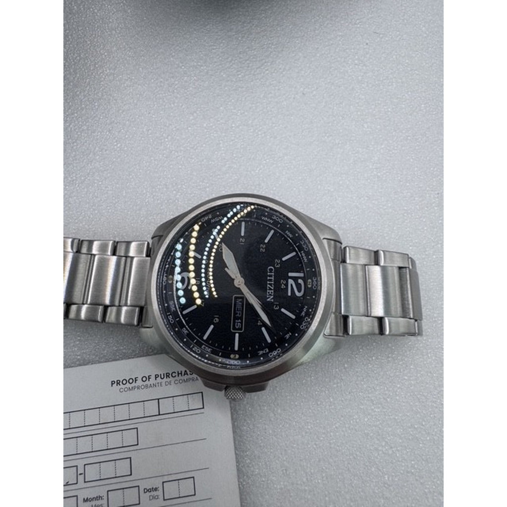 Citizen Men's Watch Eco Drive Black Dial Day Date Silver Steel 44mm AW0110-58E
