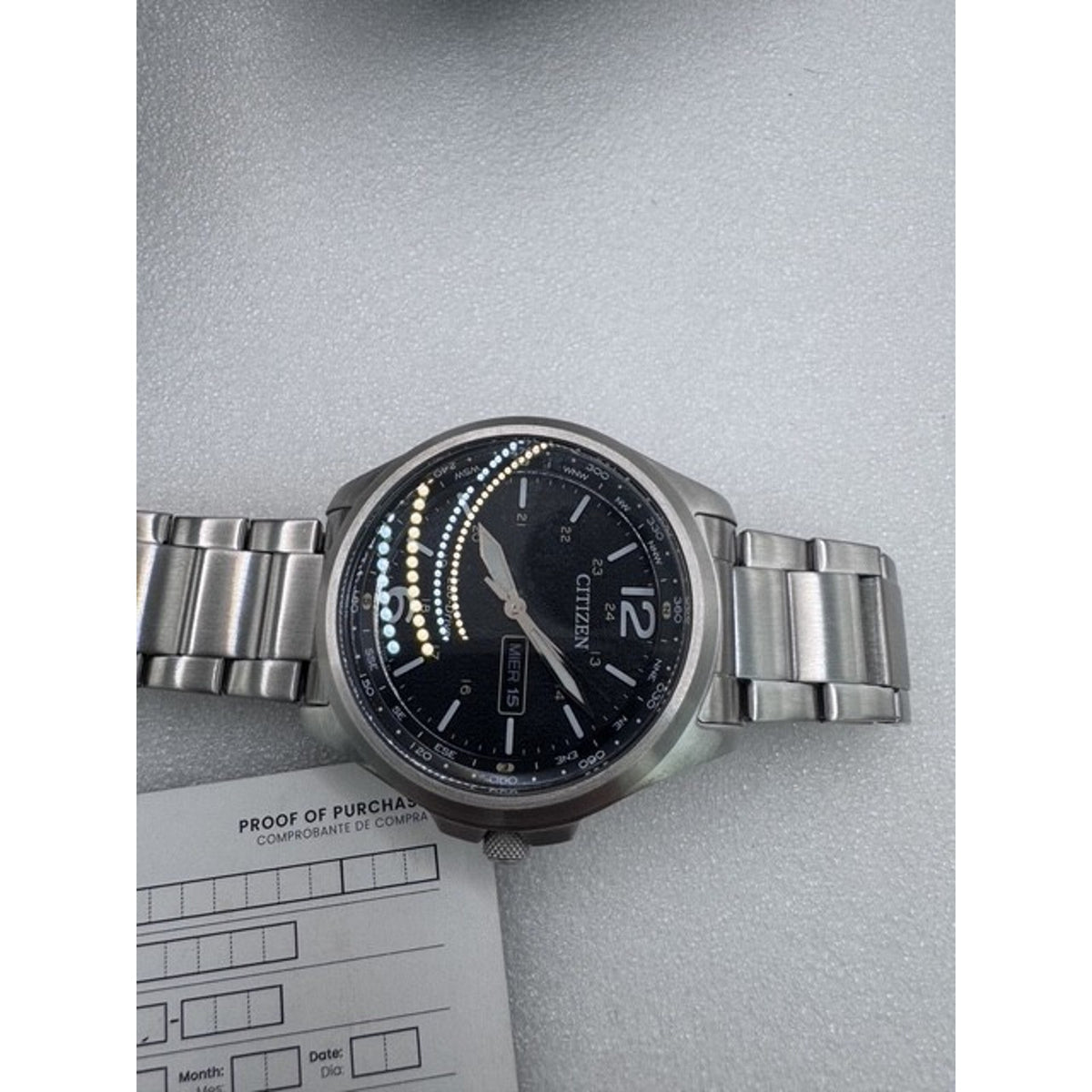 Citizen Men's Watch Eco Drive Black Dial Day Date Silver Steel 44mm AW0110-58E