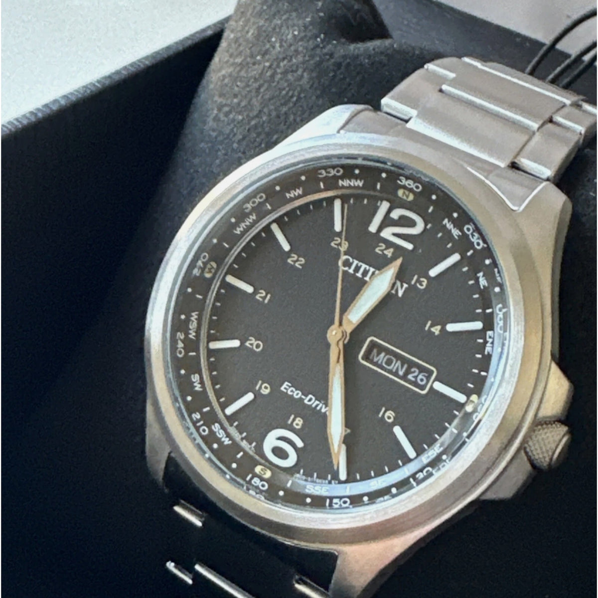 Citizen Men's Watch Eco Drive Black Dial Day Date Silver Steel 44mm AW0110-58E