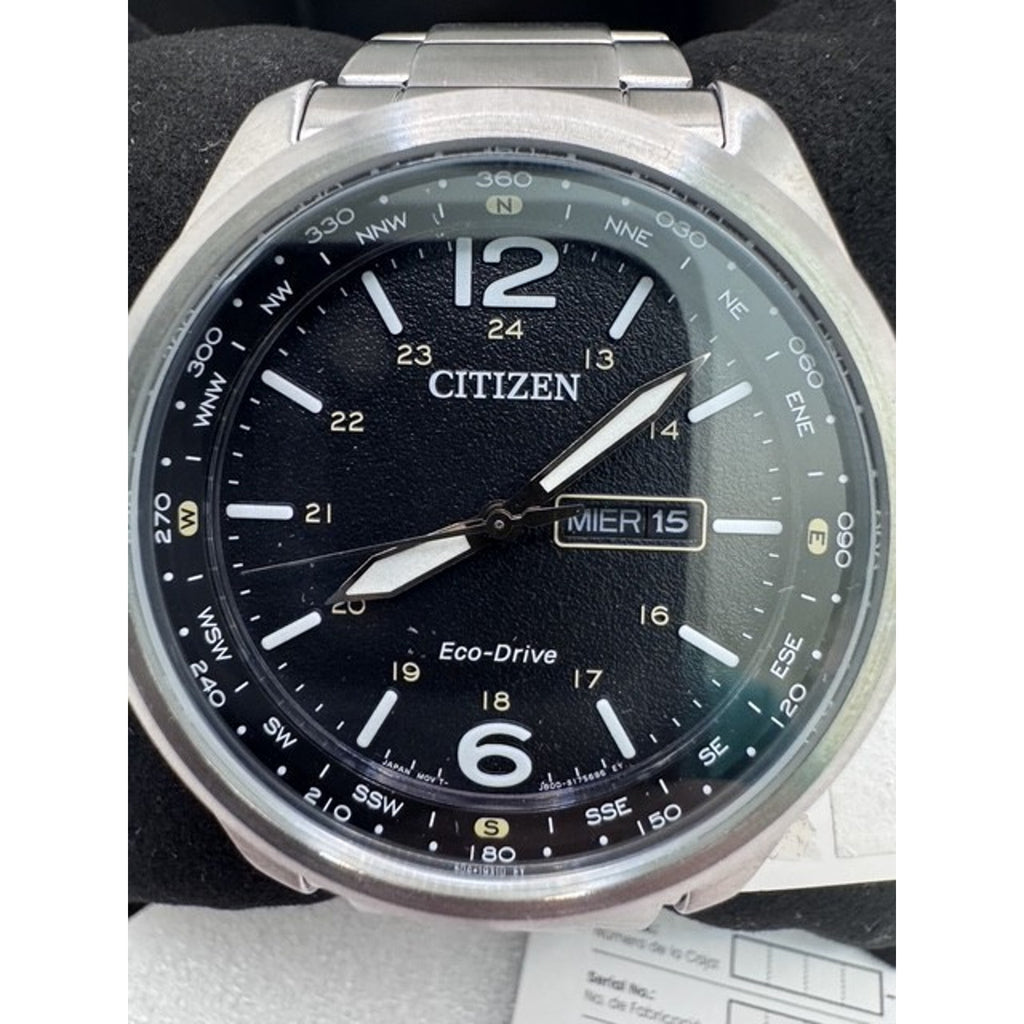 Citizen Men's Watch Eco Drive Black Dial Day Date Silver Steel 44mm AW0110-58E