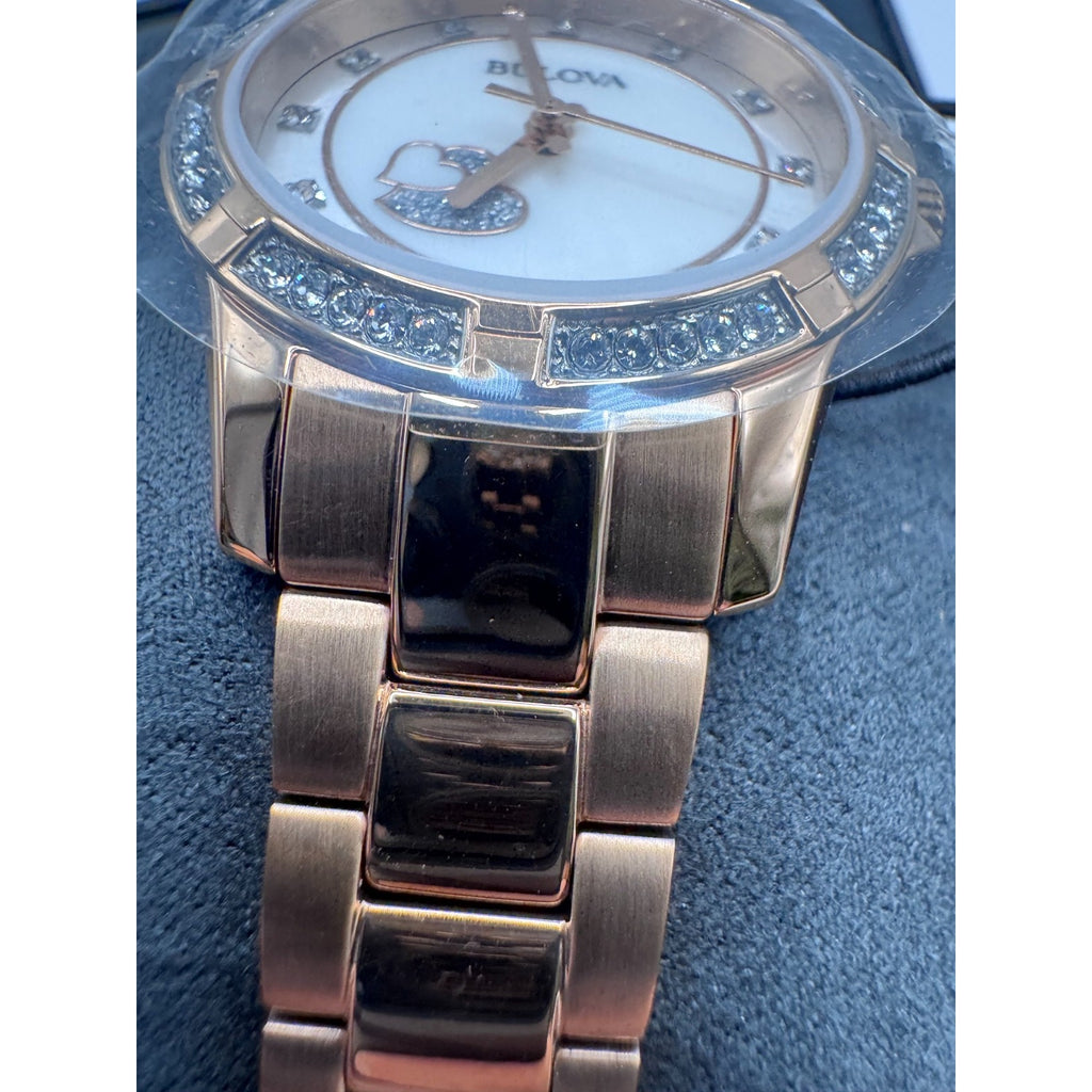BULOVA WOMENS $425 ROSE GOLD MOP DIAL CRYSTAL ACCENT HEARTS 30MM WATCH 98L303
