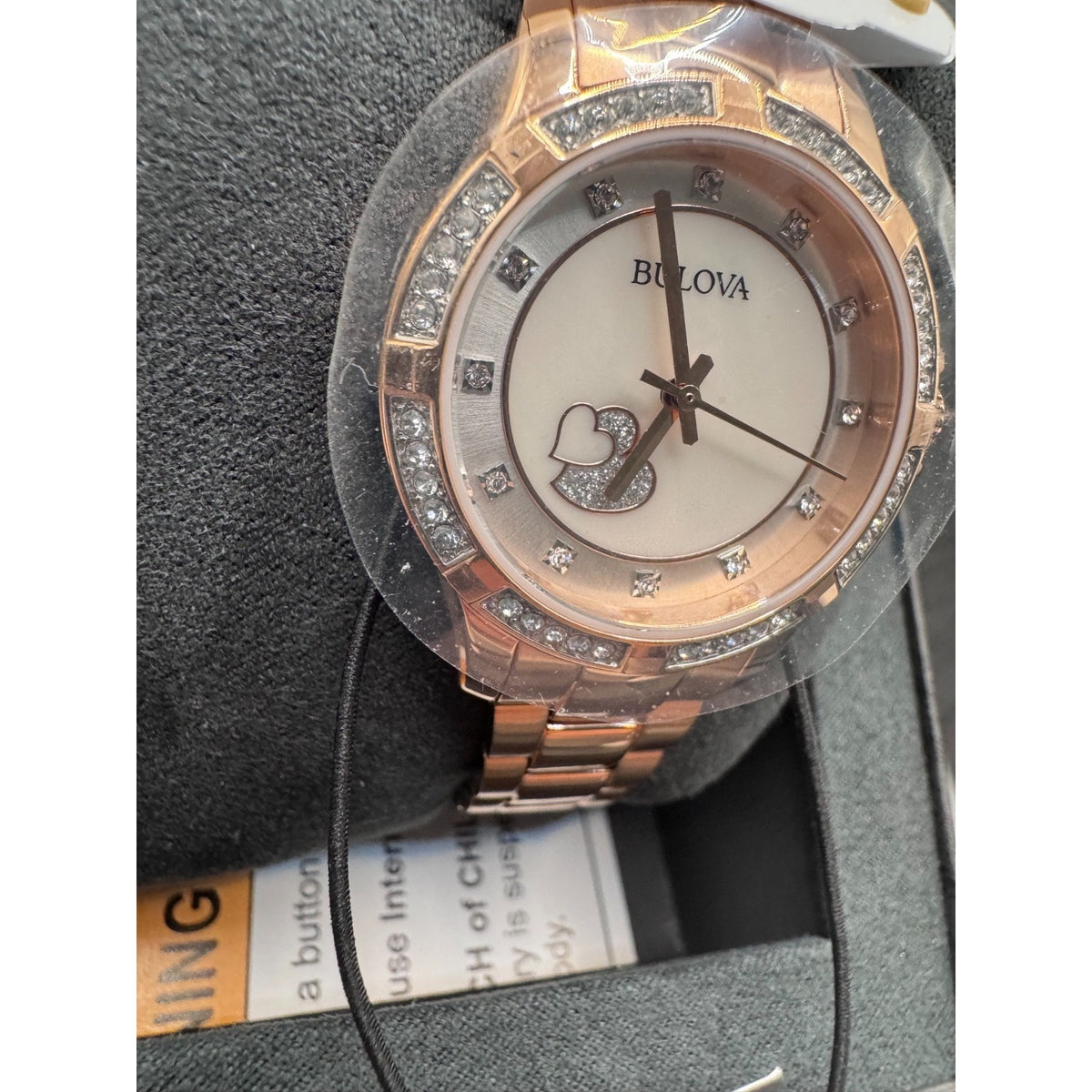 BULOVA WOMENS $425 ROSE GOLD MOP DIAL CRYSTAL ACCENT HEARTS 30MM WATCH 98L303