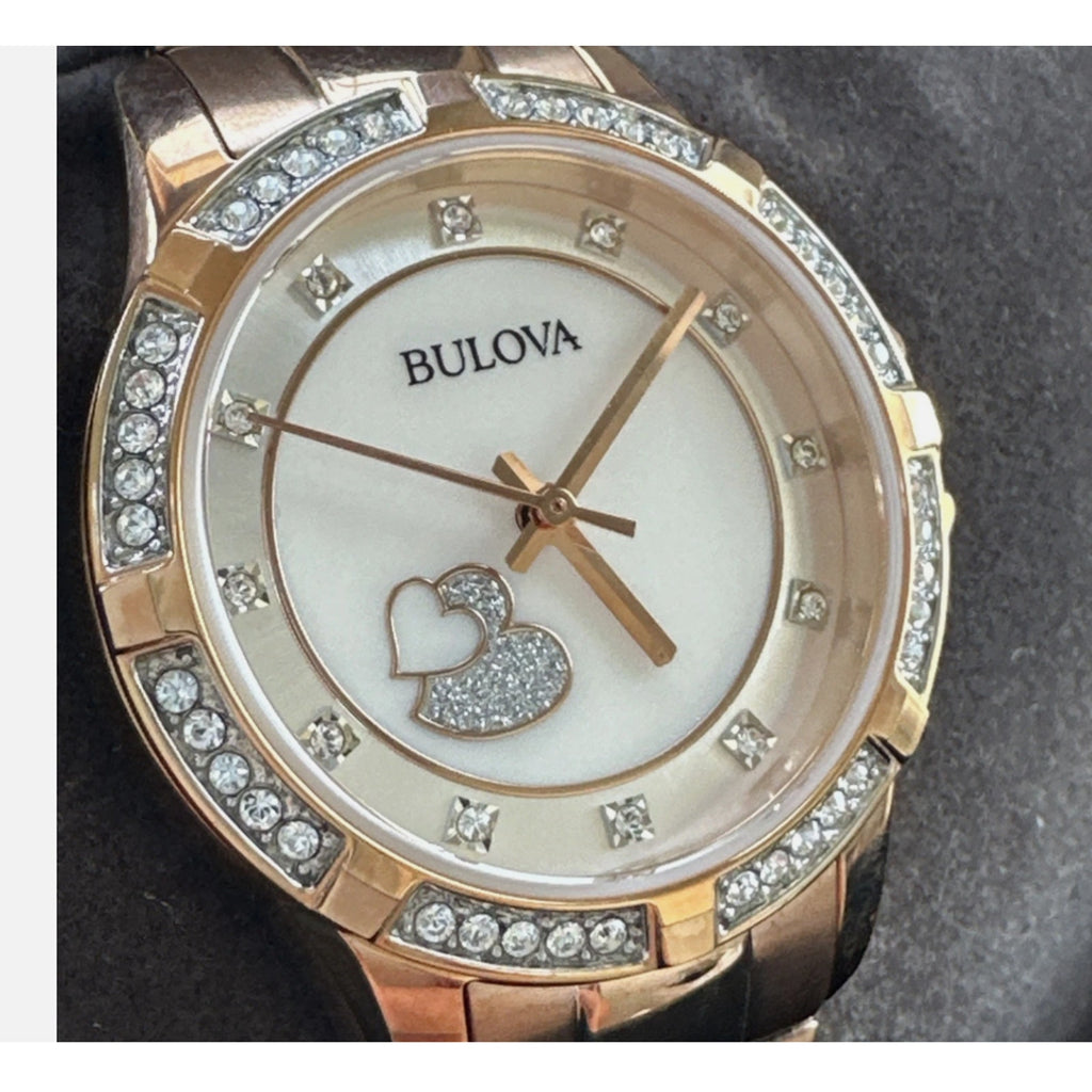 BULOVA WOMENS $425 ROSE GOLD MOP DIAL CRYSTAL ACCENT HEARTS 30MM WATCH 98L303