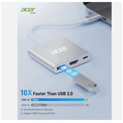Acer USB C to HDMI Adapter, 4K C Hub with 100W PD, USBA 3.0 Port, Silver