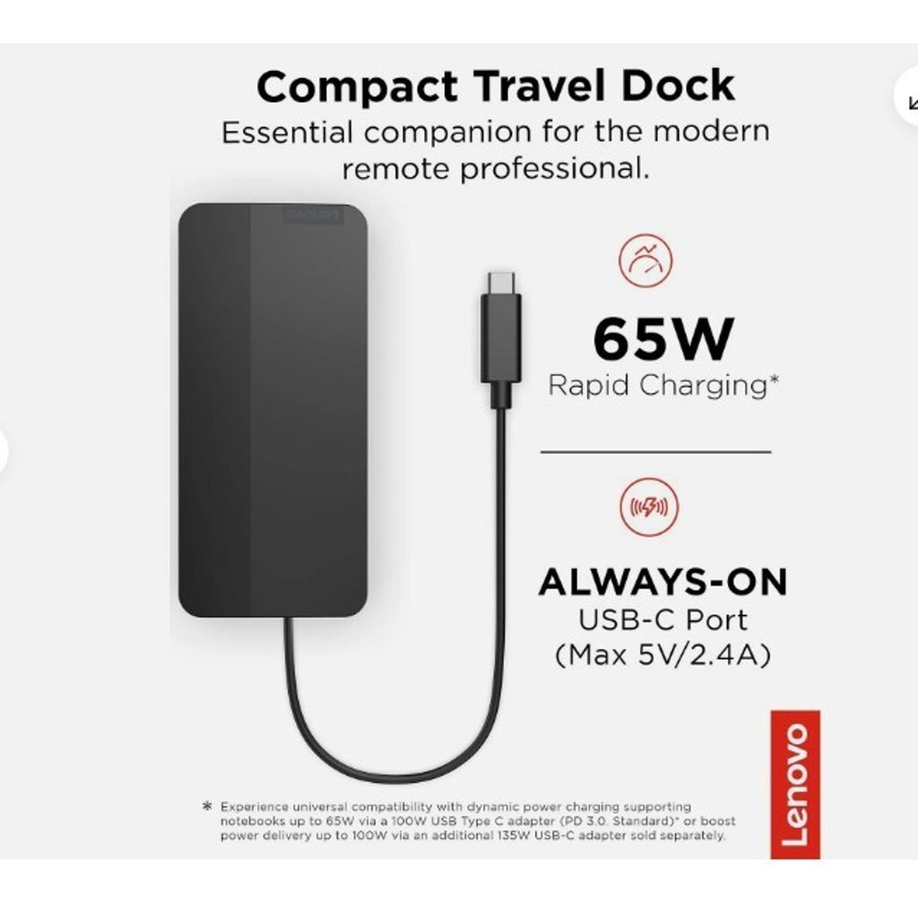Lenovo USB-C Dual Display Travel Dock - 7 Ports Integrated USB-C Cable NEW