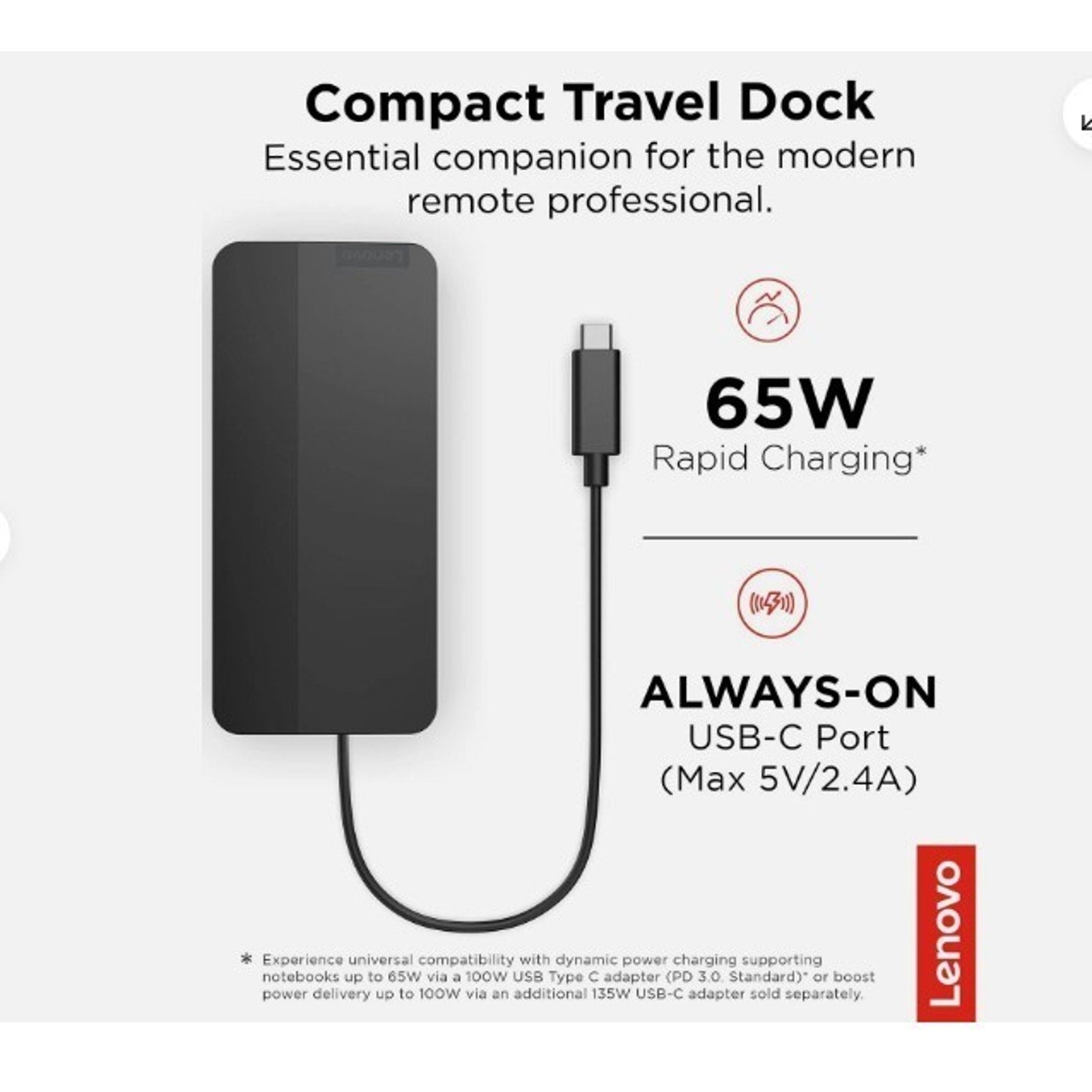 Lenovo USB-C Dual Display Travel Dock - 7 Ports Integrated USB-C Cable NEW