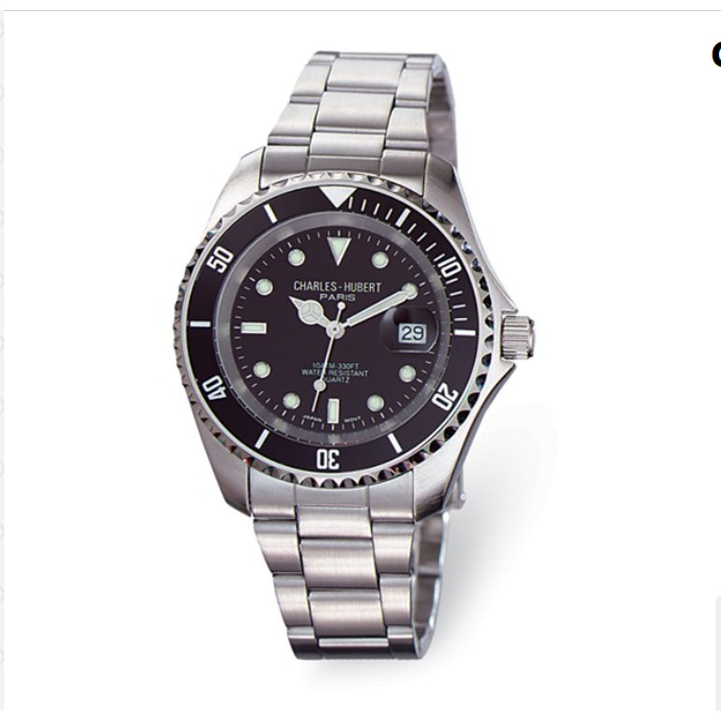 Charles-Hubert Black Diver Paris Mens Stainless Steel Quartz Watch #3661