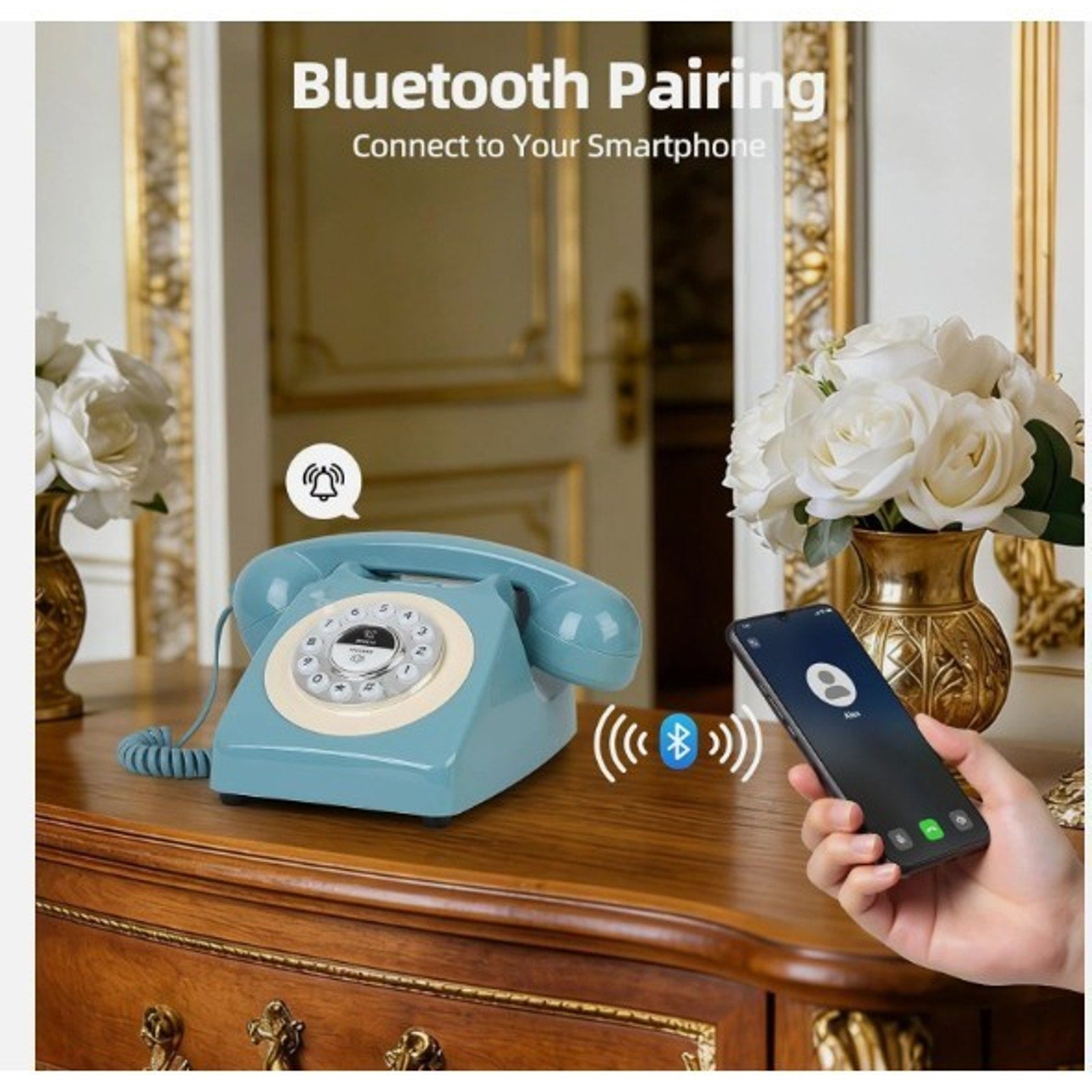 Retro Blue Bluetooth Landline Phone, Mid-Century Style Desk Telephone with Class
