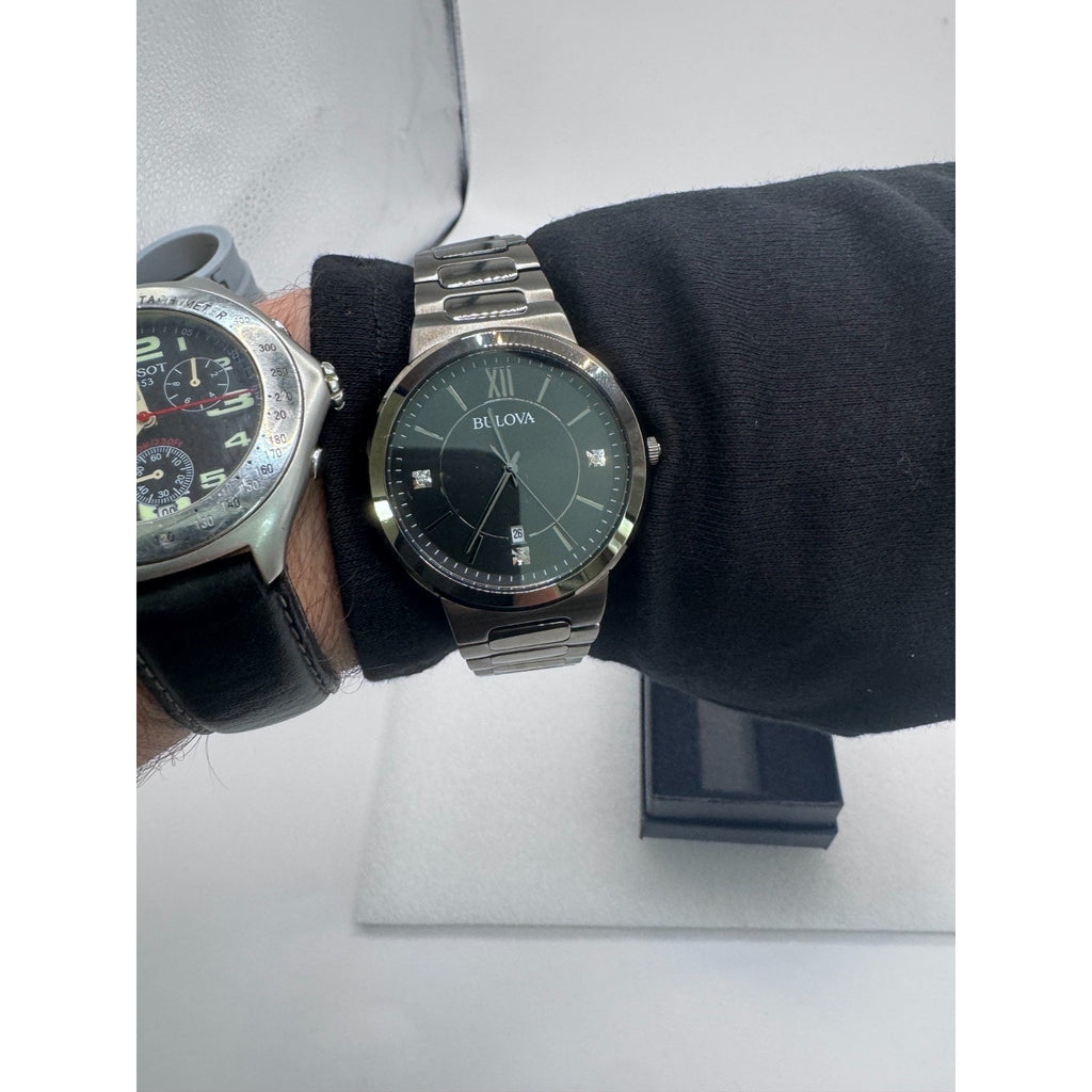 Bulova Mens Watch 98D162 Quartz Gunmetal Black Diamond Dial Stainless Steel 41mm