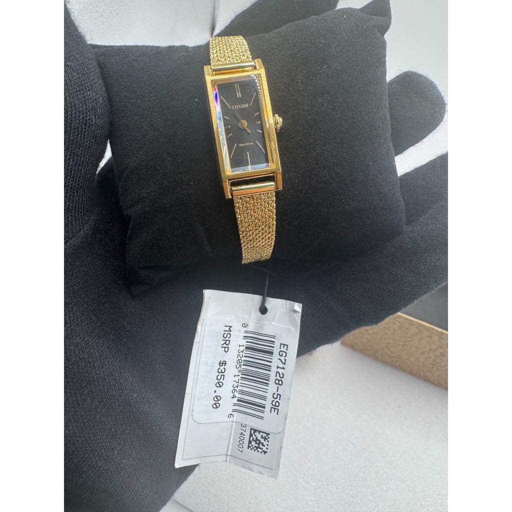 Citizen Fio Eco-Drive Rectangle Gold Tone Black Dial Womens Watch EG7128-59E