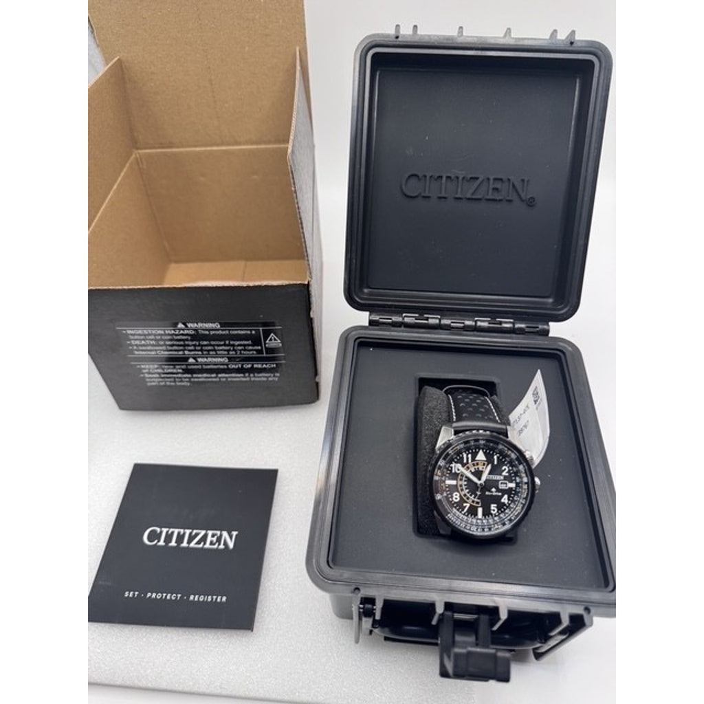 Men's Eco-Drive Promaster Nighthawk Dual Time Watch with Black Leather Strap
