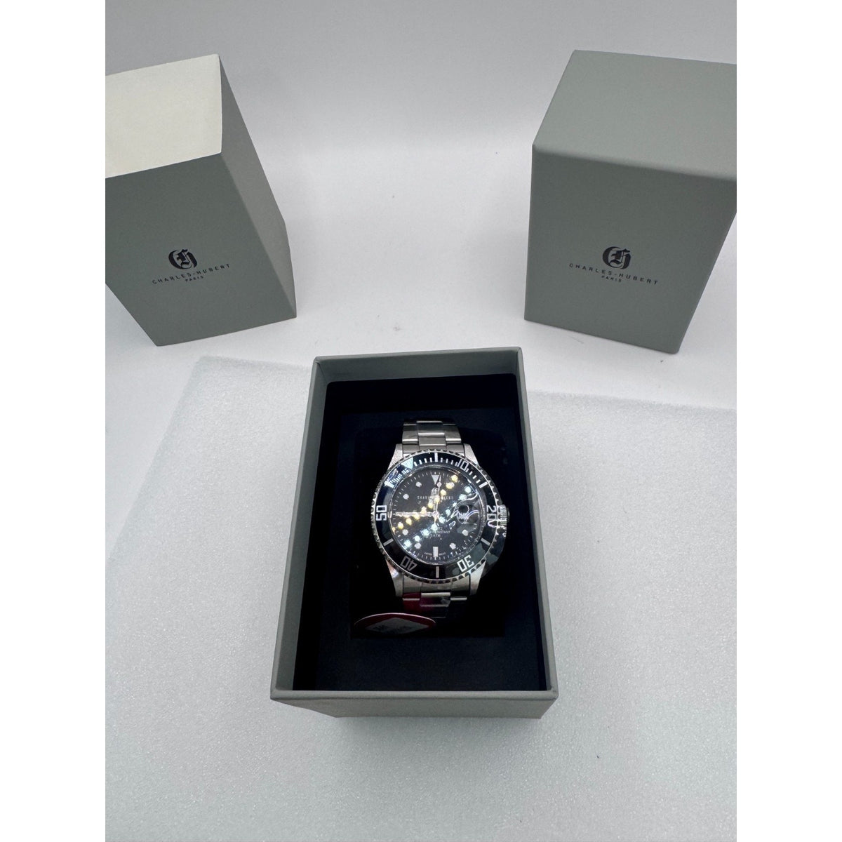 Charles-Hubert Black Diver Paris Mens Stainless Steel Quartz Watch #3661