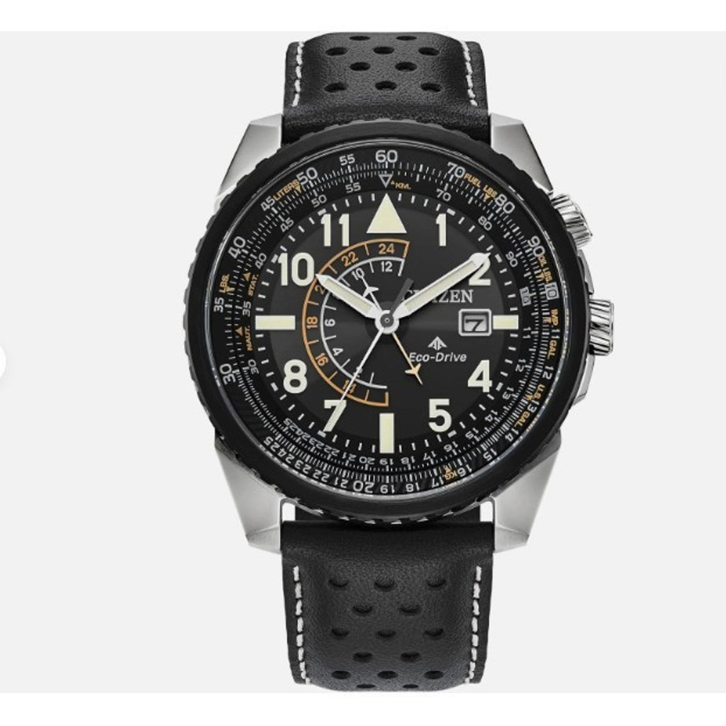 Men's Eco-Drive Promaster Nighthawk Dual Time Watch with Black Leather Strap