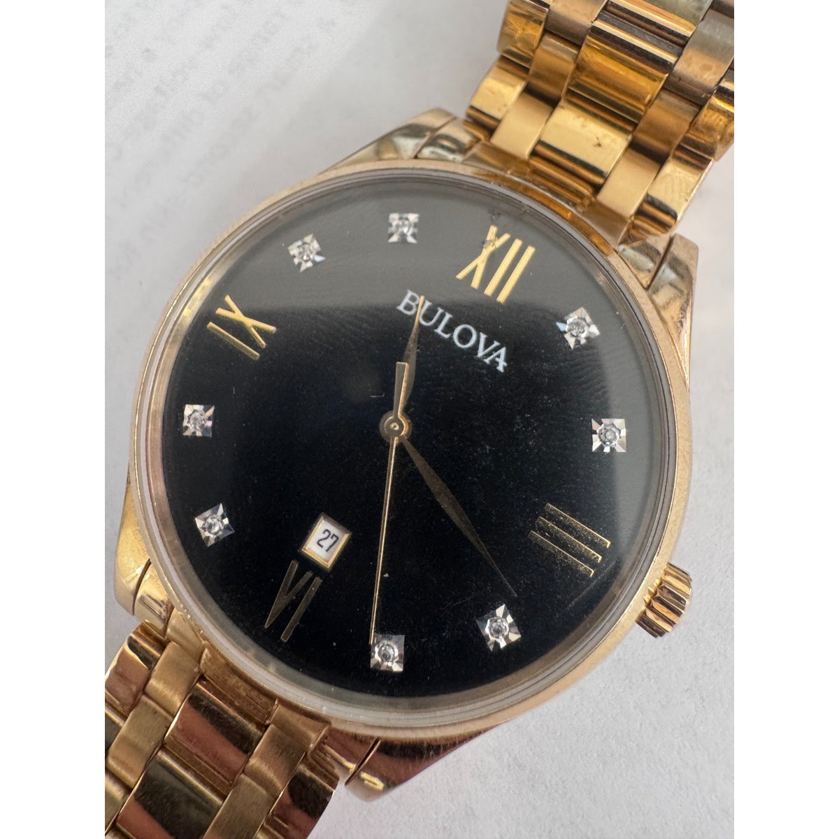 Bulova Surveyor Diamonds Quartz Black Dial Gold Tone Steel Men's Watch 97D108