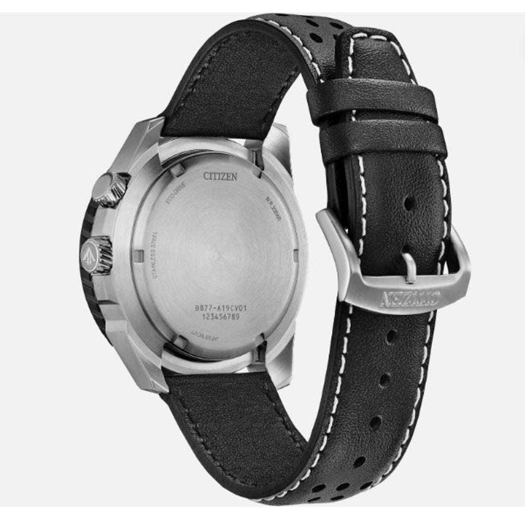 Men's Eco-Drive Promaster Nighthawk Dual Time Watch with Black Leather Strap