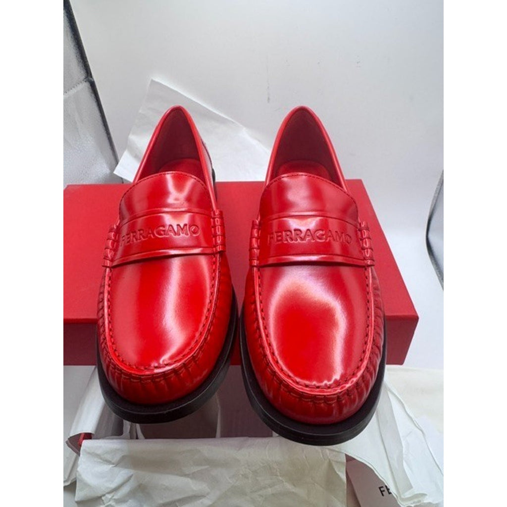 Salvatore Ferragamo Women's Loafer Flame Red Calf Leather Women's 7 D Wide