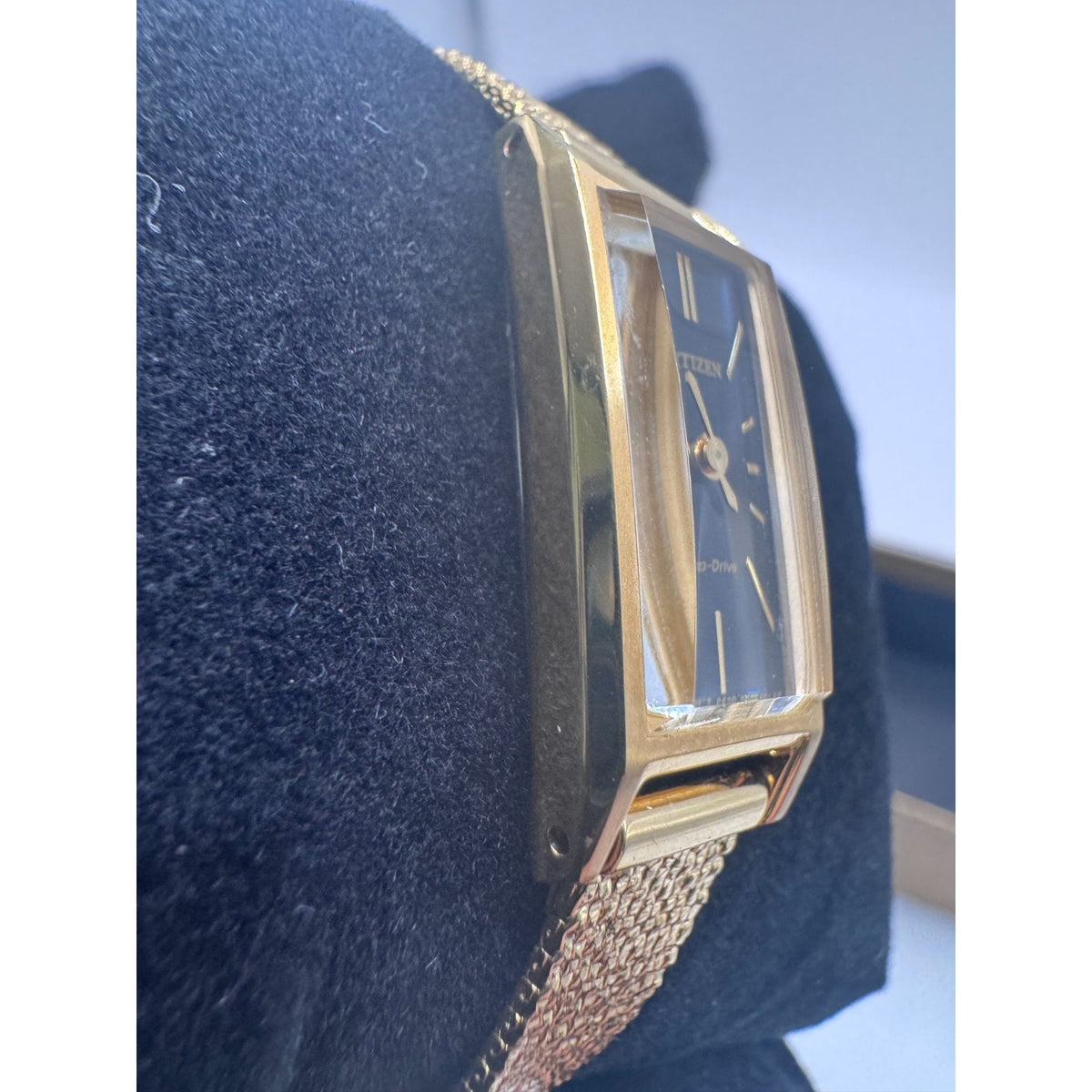 Citizen Fio Eco-Drive Rectangle Gold Tone Black Dial Womens Watch EG7128-59E