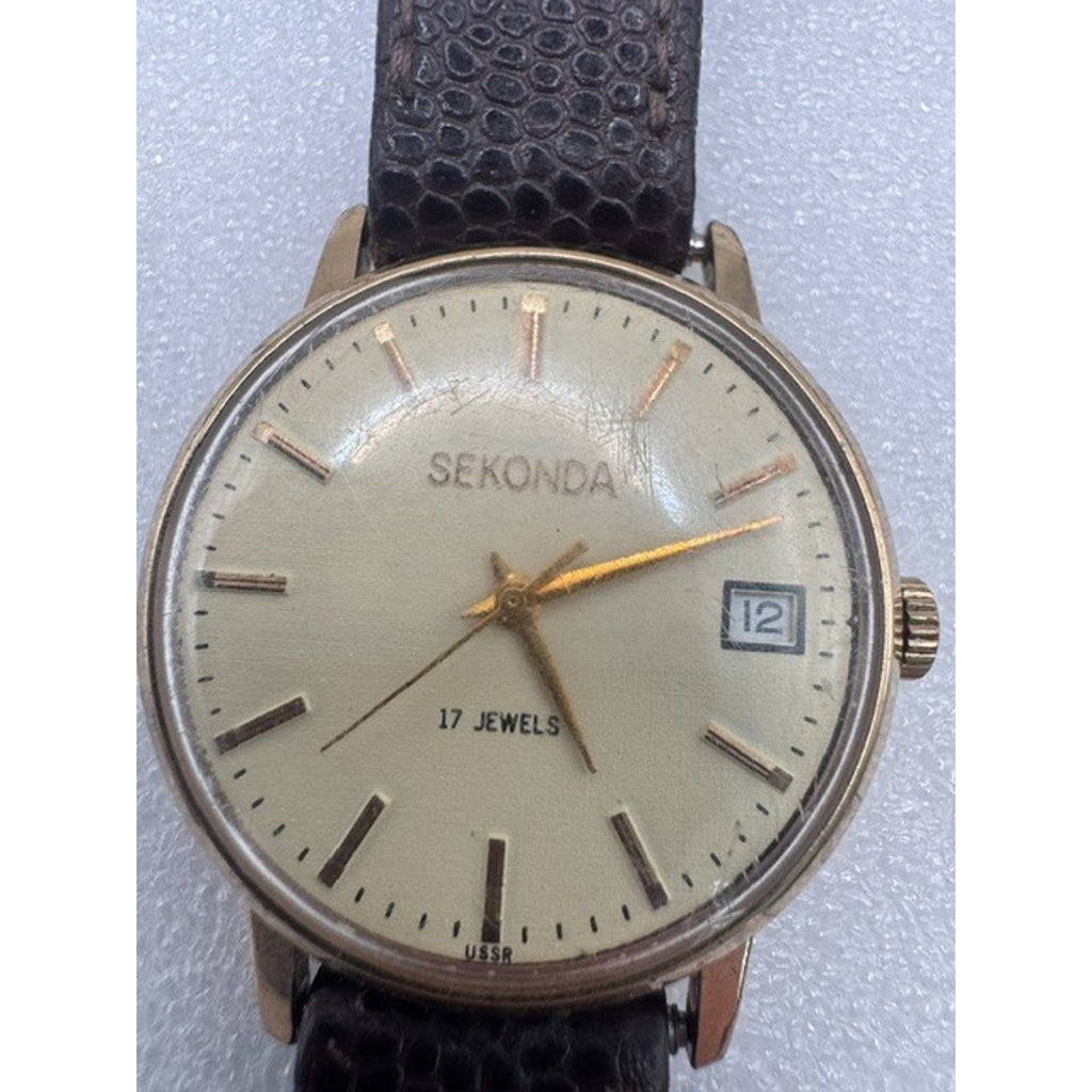 Vintage 1980s Sekonda 17 Jewels USSR Manual Wind Date Gold Plated Watch Running