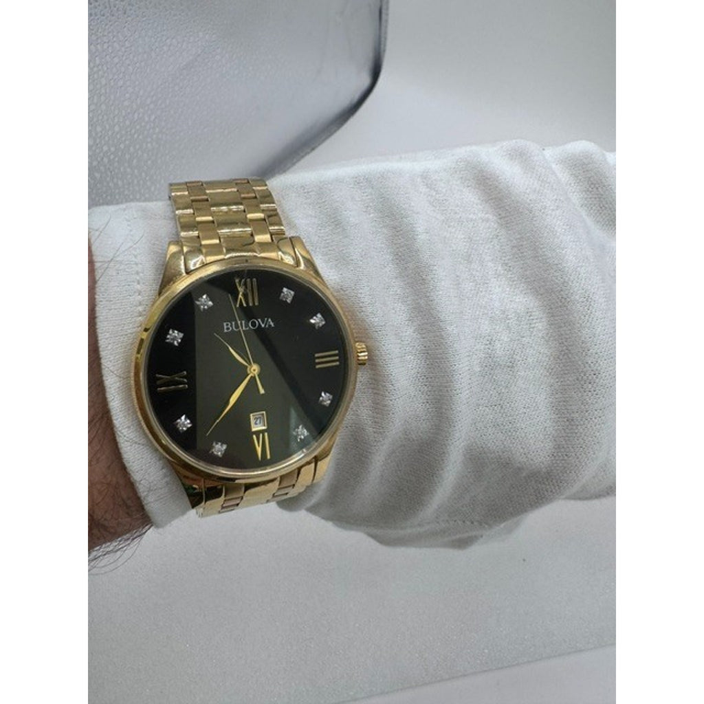 Bulova Surveyor Diamonds Quartz Black Dial Gold Tone Steel Men's Watch 97D108