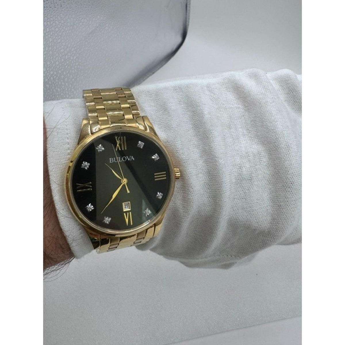 Bulova Surveyor Diamonds Quartz Black Dial Gold Tone Steel Men's Watch 97D108
