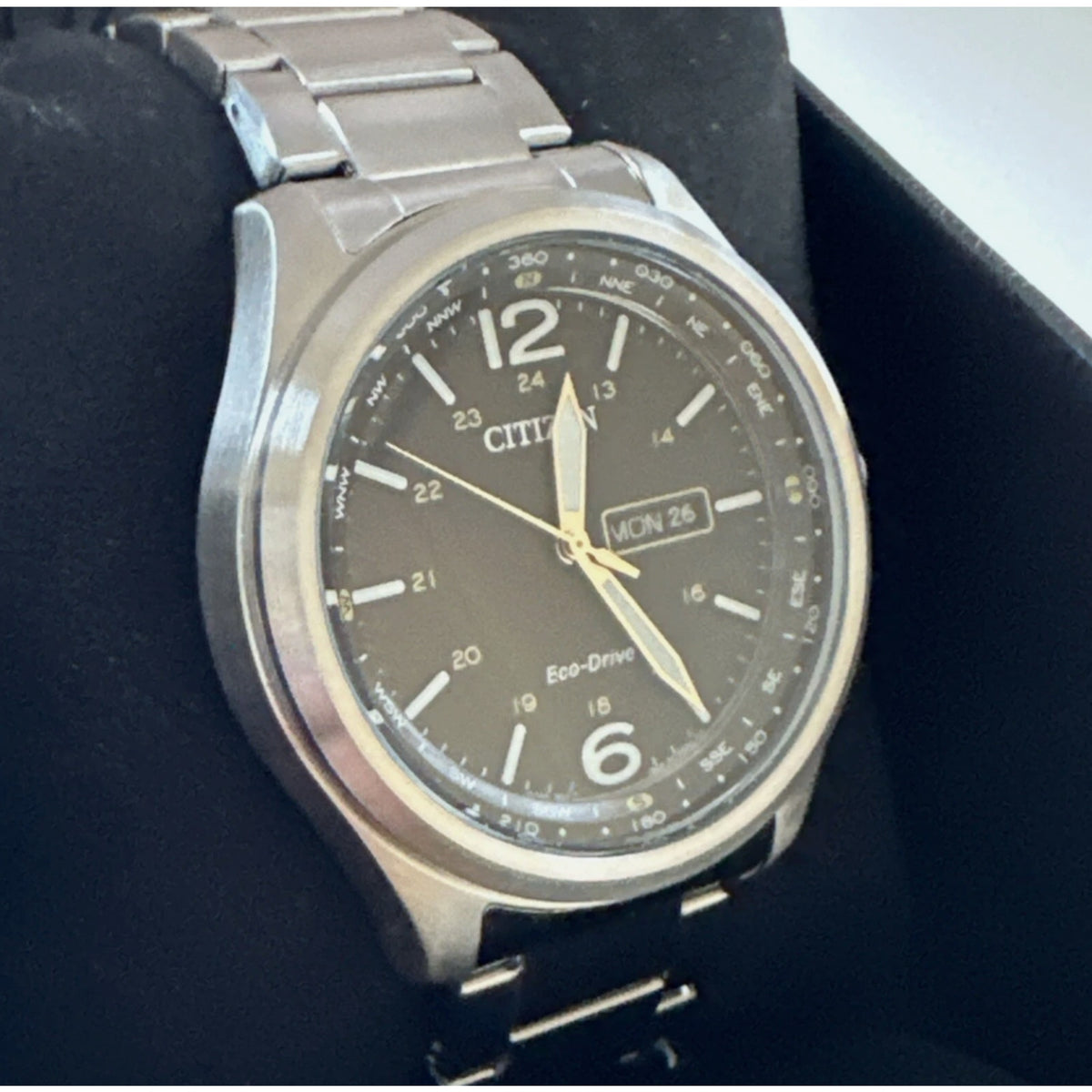 Citizen Men's Watch Eco Drive Black Dial Day Date Silver Steel 44mm AW0110-58E