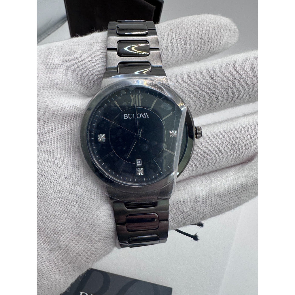 Bulova Diamond Mens Gray Stainless Steel Bracelet Watch 98d162 RETAIL $395
