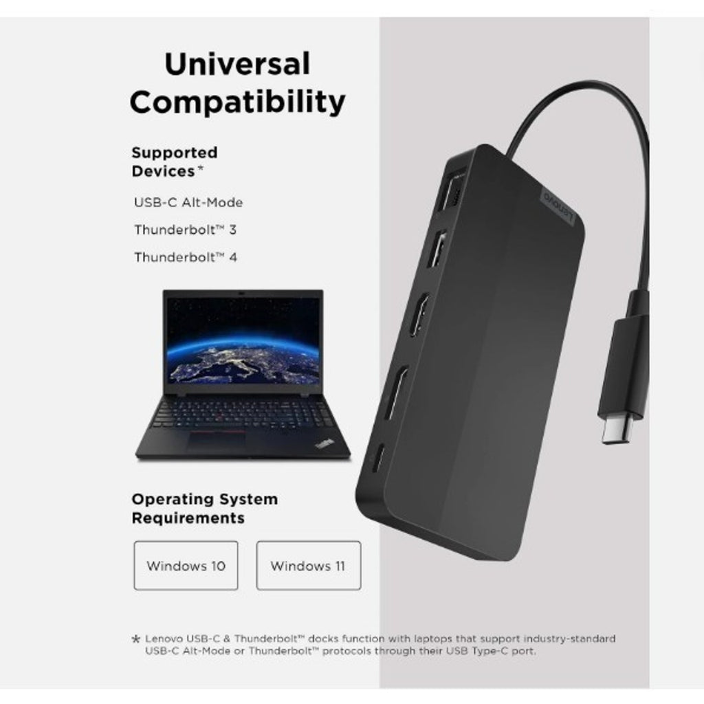 Lenovo USB-C Dual Display Travel Dock - 7 Ports Integrated USB-C Cable NEW