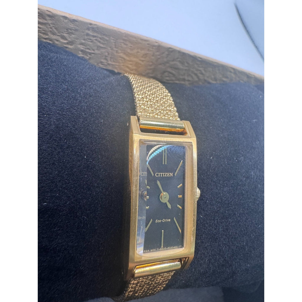 Citizen Fio Eco-Drive Rectangle Gold Tone Black Dial Womens Watch EG7128-59E