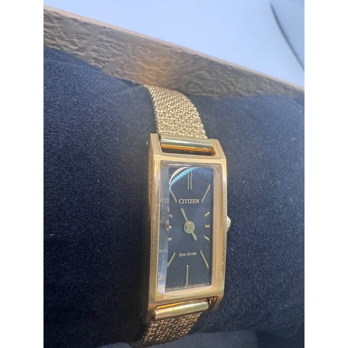 Citizen Fio Eco-Drive Rectangle Gold Tone Black Dial Womens Watch EG7128-59E