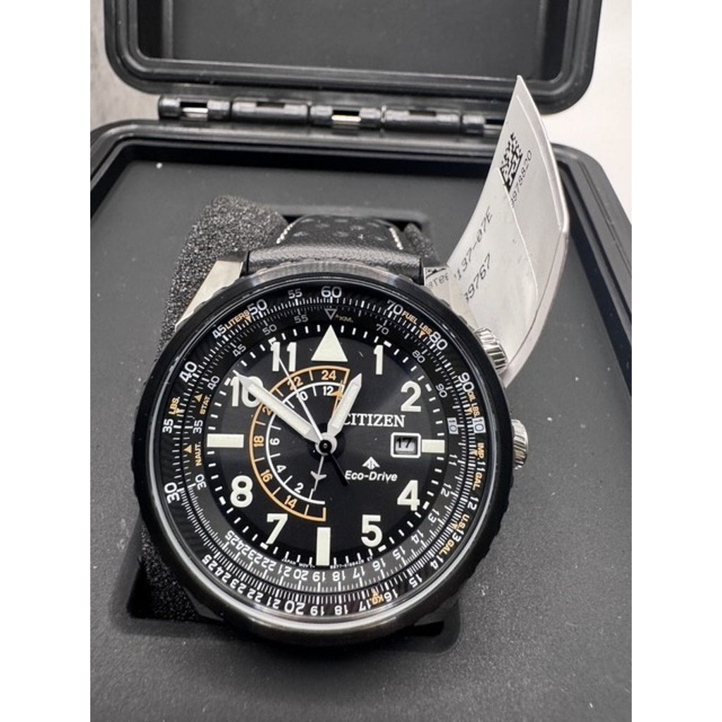 Men's Eco-Drive Promaster Nighthawk Dual Time Watch with Black Leather Strap