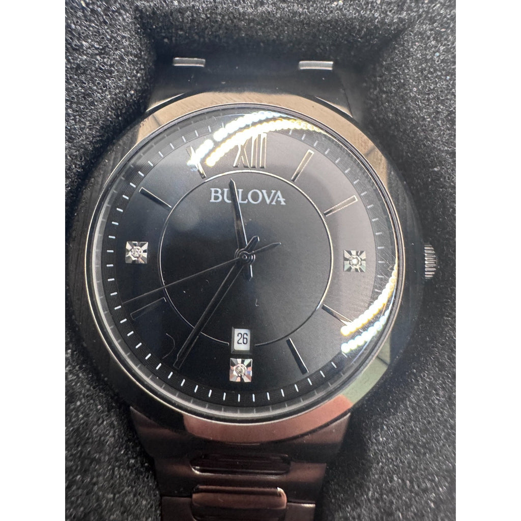Bulova Mens Watch 98D162 Quartz Gunmetal Black Diamond Dial Stainless Steel 41mm