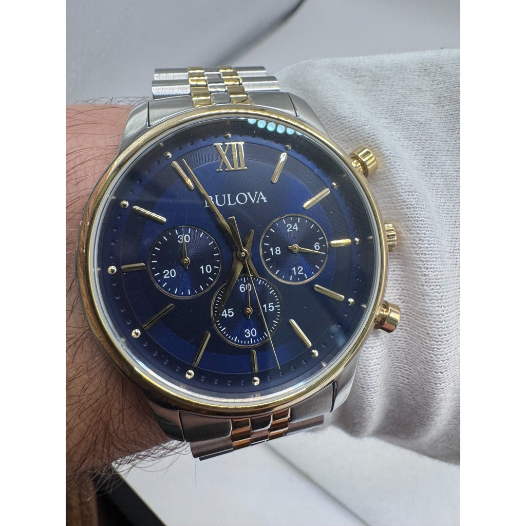 $425 Classic Bulova Chronograph Gold Two Tone 41mm Bracelet Watch 98A274