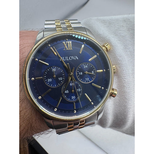 $425 Classic Bulova Chronograph Gold Two Tone 41mm Bracelet Watch 98A274