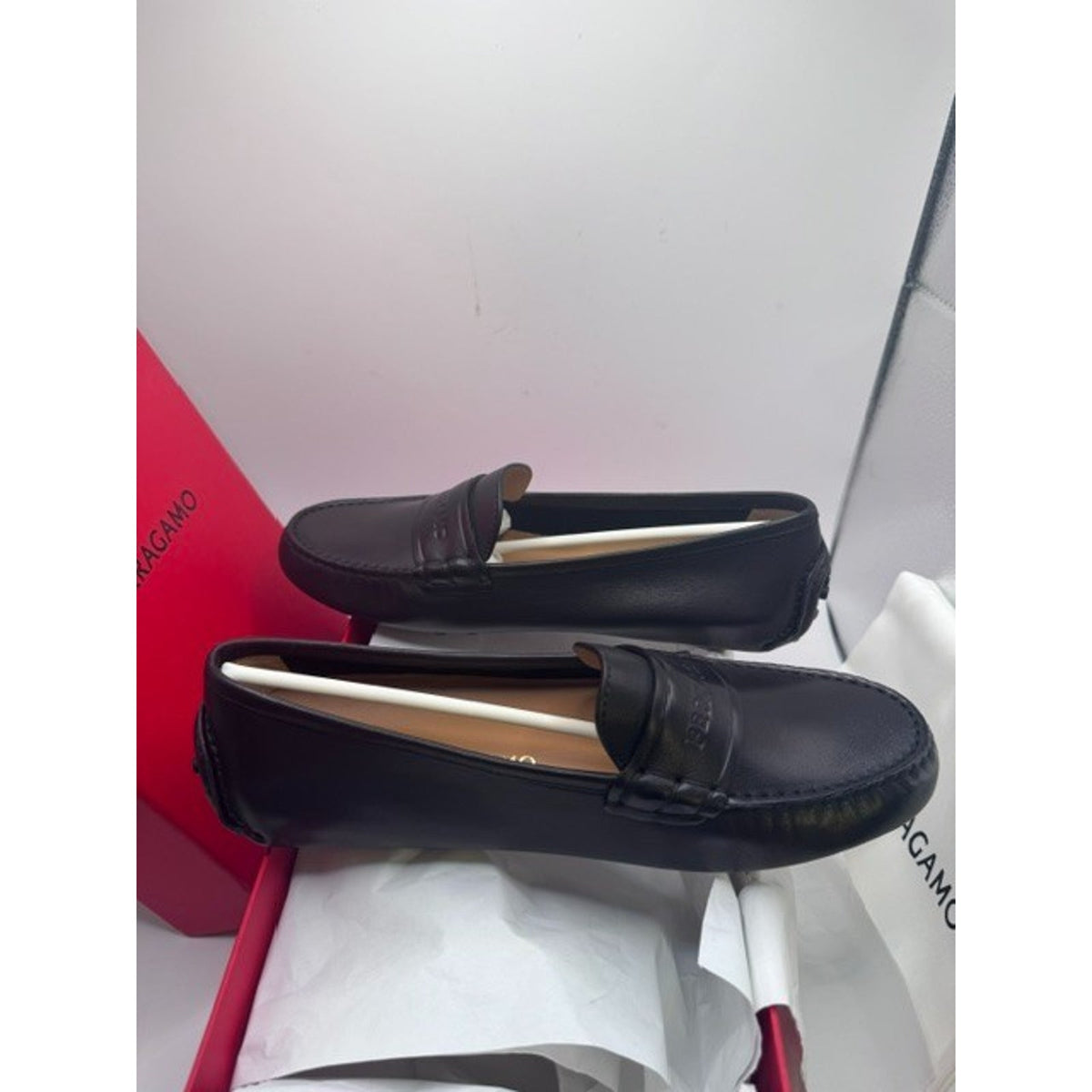 Salvatore Ferragamo Iside Driver Loafer Black Biscotto Calf Women's 8 C Medium