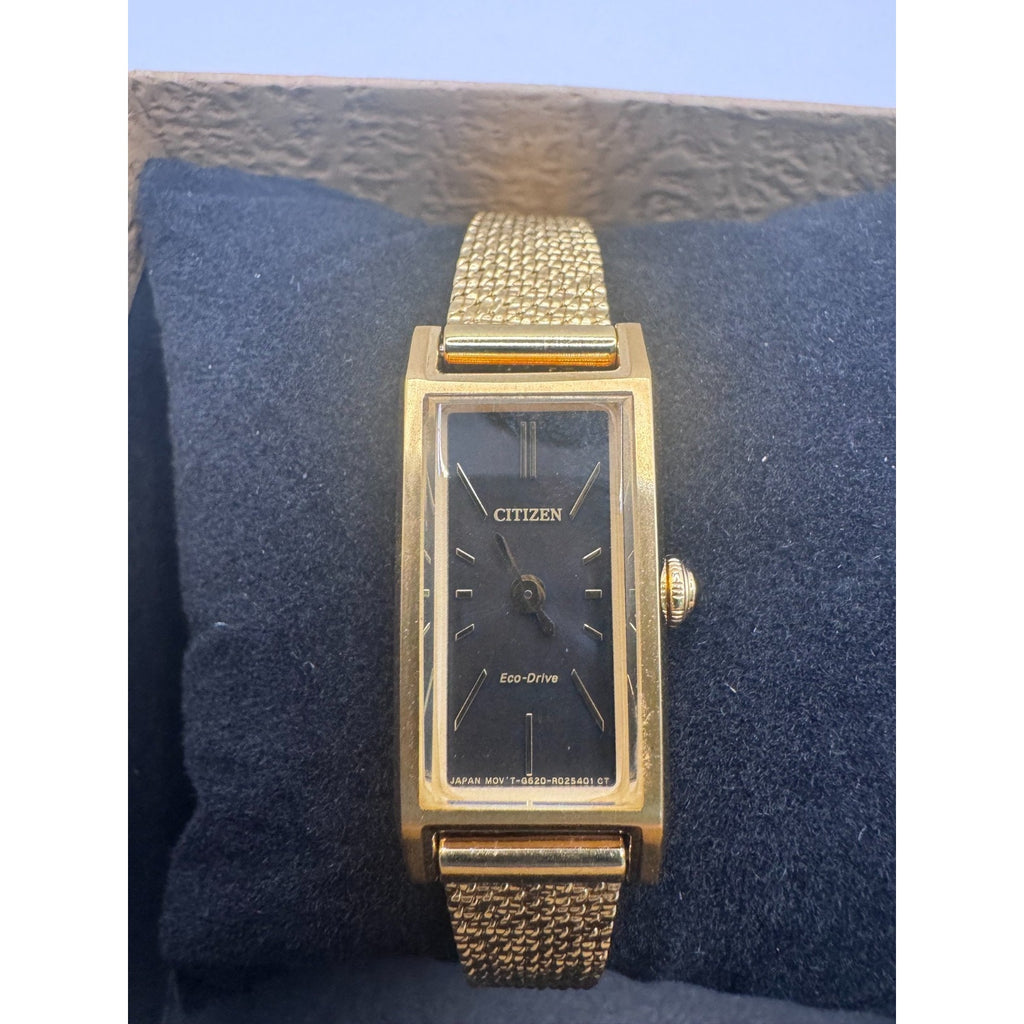Citizen Fio Eco-Drive Rectangle Gold Tone Black Dial Womens Watch EG7128-59E