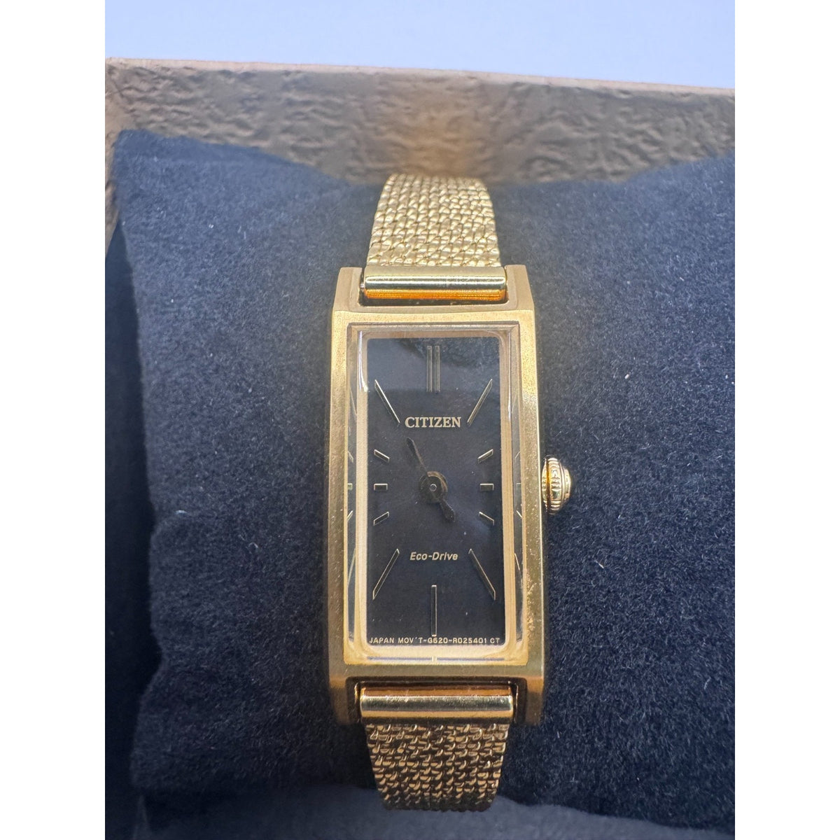 Citizen Fio Eco-Drive Rectangle Gold Tone Black Dial Womens Watch EG7128-59E