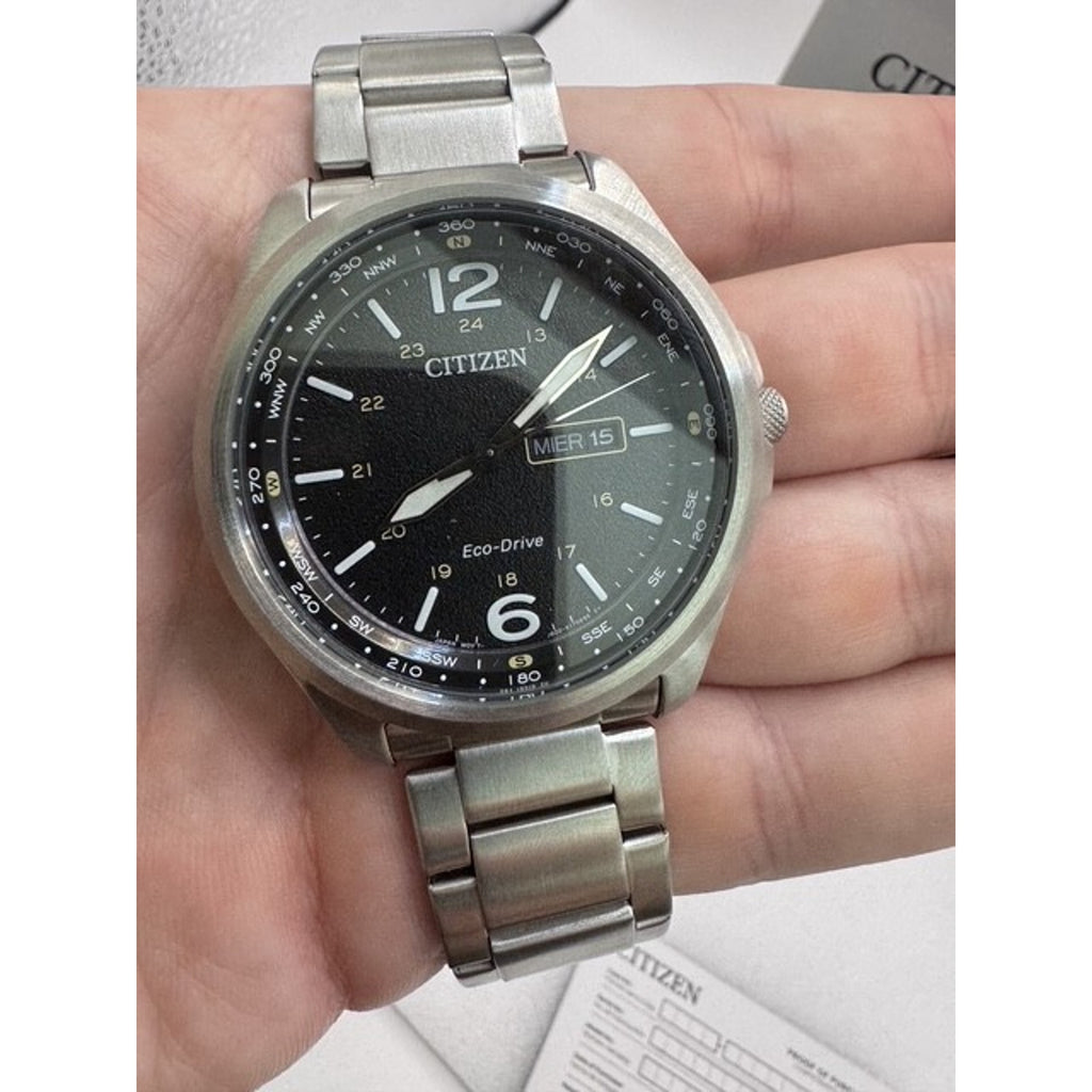 Citizen Men's Watch Eco Drive Black Dial Day Date Silver Steel 44mm AW0110-58E